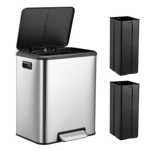 Trash Can, Brushed Stainless Smudge Resistant Rectangular Trash Can with Soft-Close Foot Pedal, 30 Liter/7.92 Gallon, Satin Nickel Finish, 16.5 L x 12.8 W x 19.5 H