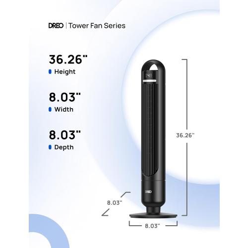 Dreo Tower Fan for Bedroom, 90° Oscillating Standing Fans for Room with 4 Speeds, 3 Modes, 28dB Quiet for Sleep, 25ft/s Velocity, 8H Timer, Remote, Living Room, Office, Home, Black, TF117