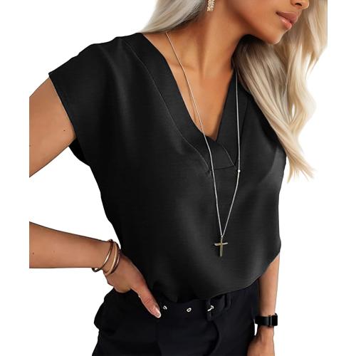 Size M Lepunuo Womens Summer Tops Cap Sleeve Textured Dressy V Neck Shirts 2025 Work Office Blouses Business Casual Outfits