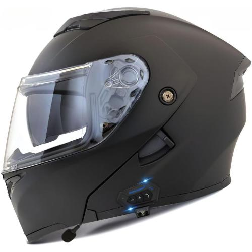 Color Black Motorcycle Bluetooth Modular Helmet, DOT Approved Flip Up Full Face Motorcycle Dual Visor Helmet, with Dual Speakers and Microphone, for Adults Men and Women