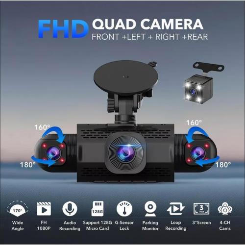 4-Camera Dash Cam for Cars - Front, Interior, Side, and Rear DVR With IR Night Vision, 1080P 480P*3 Simultaneous Recording, 360 Degree Panoramic Protection, WDR