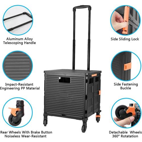 Utility Cart Folding Portable Rolling Crate Handcart with Lid Durable Heavy Duty Plastic Telescoping Handle Collapsible 360 Degree Rotate Wheels for Travel Shopping Moving Luggage Office Use,Black