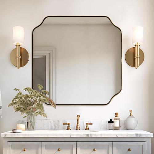 ANDY STAR 30x30 Square Bathroom Mirror, Brushed Gold Scalloped Mirror for Wall, Antique Brass Mirror with Designer-Crafted Rounded Notched Corners, Ideal for Home Remodel