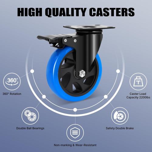 5 Inch Casters Wheel Set of 4, 2200 Lbs Heavy Duty Casters, Safety Locking Industrial Casters with Brake, No Noise Plate Wheels for Cart, Workbench, Furniture (Free Hardware Kits)