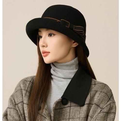 Women Vintage Felt Cloche Hats Winter Fall Solid Fedora Bucket Caps Elegant Bowler Hat Bowknot