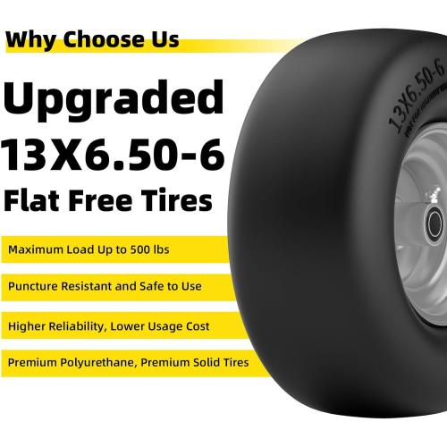 13x6.50-6 Lawn Mower Tires Flat Free, Zero Turn Mower Front Tires for Residential and Commercial, 13x6.5-6 Flat Free Tire and Wheel, 3/4 & 5/8 Bearing, 3.25-7.65 Center Hub, 2Pack Gray