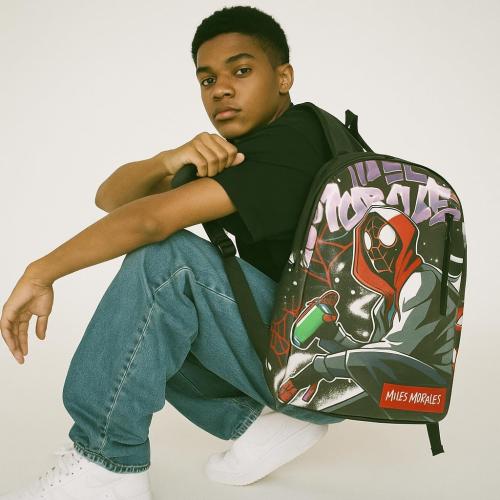 Marvel Miles Morales Spiderman Backpack for Teens | 16 Saffiano Leather School Bookbag with Rubber Luggage Tag | Spiderman Backpack for Boys, Girls, Unisex | Officially Licensed Marvel