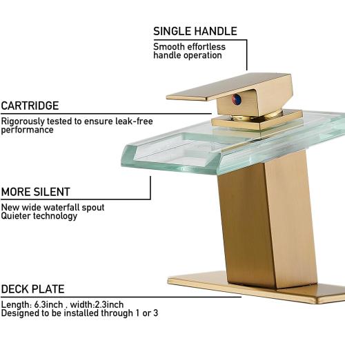 LED Bathroom Sink Faucet, Brushed Gold Waterfall Single Hole Handle Vanity Faucets for Sinks 1 Hole with Metal Pop Up Drain and 2 Water Supply Lines, Open Glass Spout