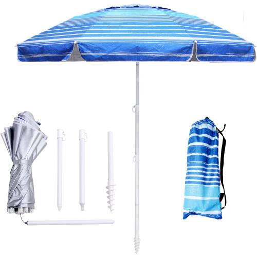 Blue 6.5ft Beach Umbrella - Heavy Duty Wind Resistant UV 50  Portable Sun Shade with Sand Anchor & Carry Bag, Outdoor Folding Umbrella for Beach, Pool, Patio, Garden (Blue Stripe)