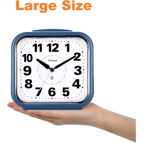 5.5 Large No Ticking Analog Alarm Clock,Silent Readable for Seniors,Easy to Set,Gradual Rise Alarm,Big Numbers,Gentle Wake,Snooze, Lighted on Demand,Battery Operated,Blue
