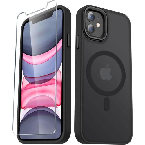 for iPhone 12 Case, iPhone 12 Pro Case, with 1 Screen Protector, Matte Magnetic Slim Phone Cover, Support for Magsafe, Shockproof Protection Translucent Frosted Back,Black