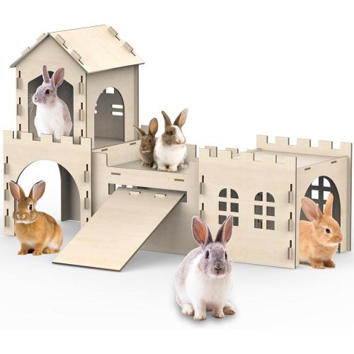 Large Bunny House and Hideouts, Wooden Dual-Layer Rabbit Castle with Stair, Rubber Band-Free Setup - Chew-Proof, Sturdy Habitat for Guinea Pig Chinchilla Ferret (Rabbit House)