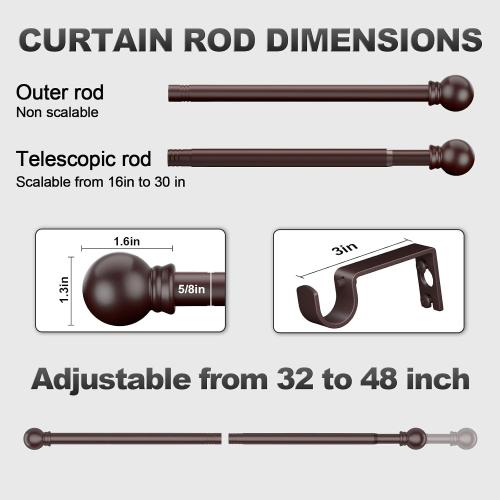 Bronze Curtain Rods for Bedroom with Brackets,5/8 Inch Diameter Small Window Curtain Rod Adjustable 32 to 48 Inches,Easy Install Drapery Rods