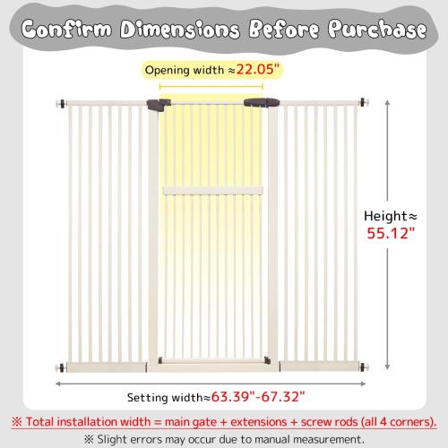 Lumizone Extra Tall Pet Gate 55.12 High Pressure Mounted 63.39-67.90 Extra Wide (9 Sizes) 1.37 Gap for Cat Dog Stairs Doorway Hallway No Drilling Auto-Close (63.39-67.90 W, Cream White)