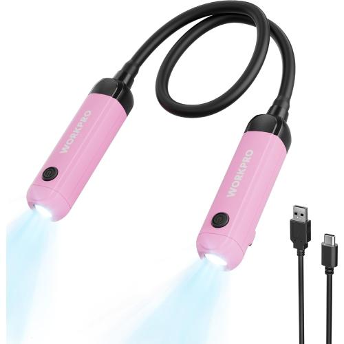 WORKPRO Rechargeable Neck Light for Hands-Free Lighting, 3 Brightness Levels 300 Lumens Neck Light, Bendable Silicone Arm, Great for Mechanics, Reading, Camping, DIY Projects, Crafting, Pink Ribbon