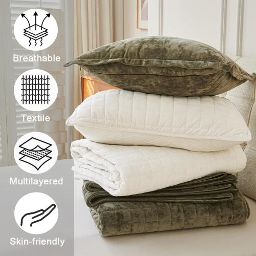Luxurious Velvet Quilt King Size Set 98 x106 Ultra Soft Bedding Set Quilted Bedspread Coverlet with 2 Matching Pillow Shams for All Seasons,Army Green