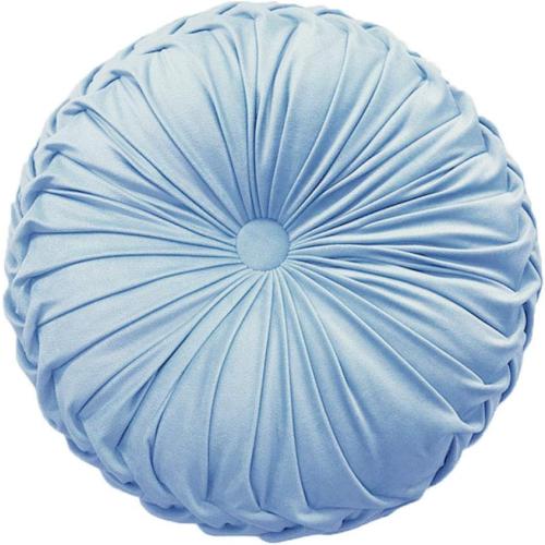 Round Throw Pillow Velvet Home Decoration Pleated Round Pillow Cushion for Couch Chair Bed Car Light Blue