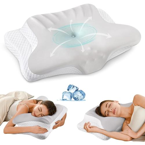 Grey and White Cervical Neck Pillow for Pain Relief - Ergonomic Memory Foam Pillows for Sleeping, Cooling Side Sleeper Pillow for Neck Support, Contour Orthopedic Bed Pillow for Back Stomach Sleepers