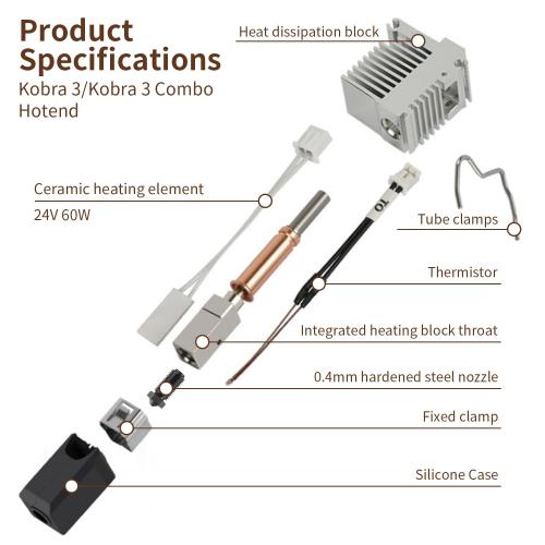 Upgrade Kobra 3/Kobra 3 V2 Combo Ceramic Hotend,0.4mm Hardened Steel Nozzle Heating Block Integrated Structure Hot End Replacement Compatible with ANYCUBIC Kobra 3/Kobra 3 V2 Combo 3D Printer