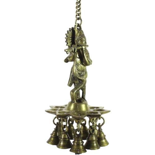 eCraftIndia 'Lord Krishna Playing Flute' Wall Hanging with 9 Oil Wick Diya (Brass, 12 cm x 23 cm, Brown, BGKDB101)