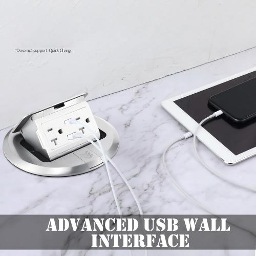Hoolerry 1 Pack Round Pop up Floor Electrical Outlet Cover Kit with 4.8a USB Charger 20amp Waterproof Tamper Resistant Tr Receptacle Outlet Box for Countertop Home(Silver)