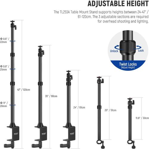 NEEWER TL253A DS001 Table Camera Tripod with 2 Telescopic Arms, Phone Holder, Ball Heads, Screw Adapter, Table Light Stand for Camera, Mobile Phone, Webcam, Ring Light