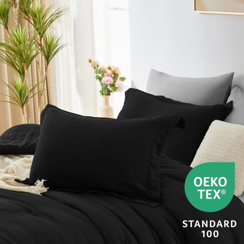 CozyLux Black Queen Comforter Set - 7 Piece Bed in a Bag Bedding Set with Comforter, Flat Sheets, Fitted Sheet, Pillowcases & Shams - Boho Contrasting Design Black and Grey