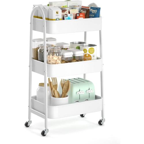 EAGMAK 3 Tier Utility Rolling Cart, Metal Storage Cart with Handle and Lockable Wheels, Multifunctional Storage Organizer Trolley with Mesh Baskets for Kitchen, Living Room, Office, Garage (White)