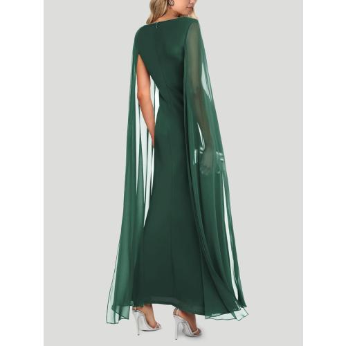 MEDIUM Lrady Women's Formal Evening Gowns High Split Ruffle Wedding Guest Cape Sleeve Cocktail Party Maxi Dresses
