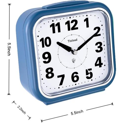 5.5 Large No Ticking Analog Alarm Clock,Silent Readable for Seniors,Easy to Set,Gradual Rise Alarm,Big Numbers,Gentle Wake,Snooze, Lighted on Demand,Battery Operated,Blue