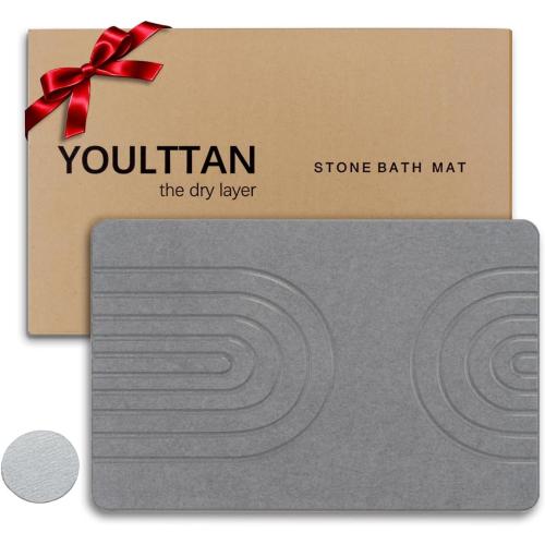 Stone Bath Mat 24x16 - Diatomaceous Earth Shower Mat, Quick Dry, Anti-Slip, Modern Design with Bonus Non-Slip Pad - Perfect for Home Safety and Style, (Gray,Semicircle)