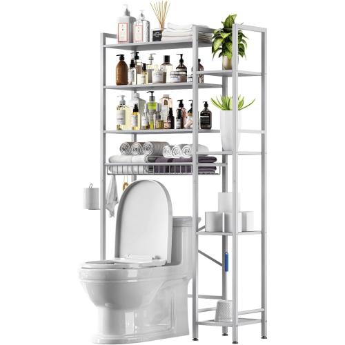 8-Tier Over The Toilet Storage with Side Rack, Over Toilet Storage Rack with Adjustable Shelf & Drain Basket, Freestanding Bathroom Organizer for Balcony, Laundry (Pure White)