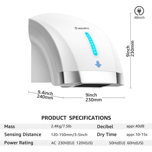 modunful Hand Dryers for Bathrooms Commercial, Electric Hand Dryer Touchless, Extra Quiet Low Noise(40db), Wall Mounted Type(1600W) (White)