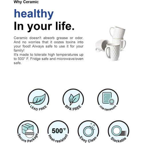 LE TAUCI Coffee Mugs 12 oz, Ceramic Mug Set Set of 4, Embossment Cups for Espresso, Latte, Tea, Cocoa, Cappuccino & Mocha, Dishwasher Oven Microwave Safe - 3.4 inch, Arctic White