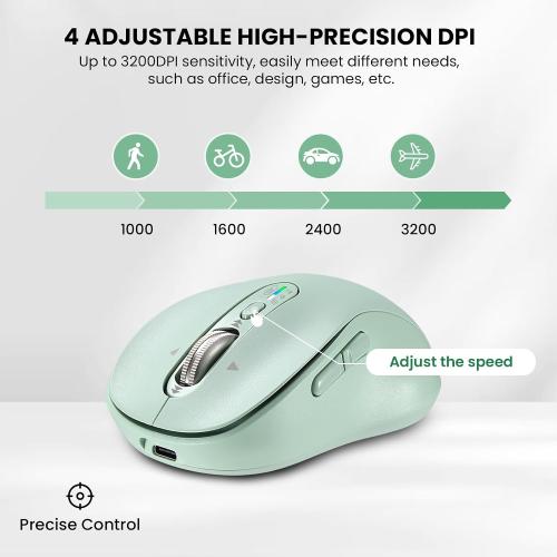 Wireless Bluetooth Mouse for Laptop,USB BT×2,Quiet Ergo Computer Mouses,Metal 4-Way Super Scrolling,± 3200 DPI,Rechargeable,10 Button,Plug&Play,Multi Device Cordless Mice for iPad,Tablet,Mac,PC(Green)