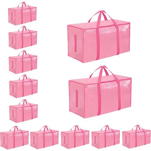 12 Pack-Extra Large Heavy Duty Moving Bags - Waterproof Storage Totes with Handles & Zippers, Foldable for College Dorm, Storage (Pink)
