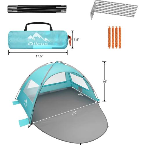 Oileus Beach Tent 2-3 Person Portable Sun Shade Shelter UV Protection, Extended Floor Ventilating Mesh Roll Up Windows Carrying Bag Stakes 6 Sand Pockets Fishing Hiking Camping, Sky Blue