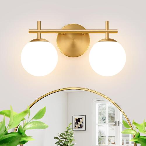 MOKATNG 2-Light Bathroom Light Fixtures, Brushed Gold Vanity Lights for Bathroom with Milky White Glass Shade, Bathroom Lighting Fixtures Over Mirror, Wall Sconce for Bedroom (Bulb Not Included)