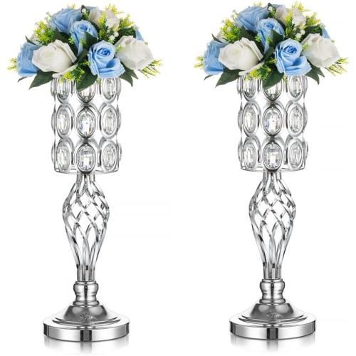 Set of 2 Silver Vases for Centerpieces - Metal Flower Stand with Bling Stones, Tall Vases for Wedding Table, Set of 2