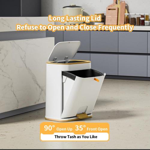 Size 3 gallon Color White and Gold Bathroom Trash Can with Lid, Plastic 3 Gallon Garbage can with Press top Lid Gold Step Pedal Trash can, Narrow White Trash bin for Bathroom, Bedroom, Restroom, Living Room, Office, Dog Proof Trash Can