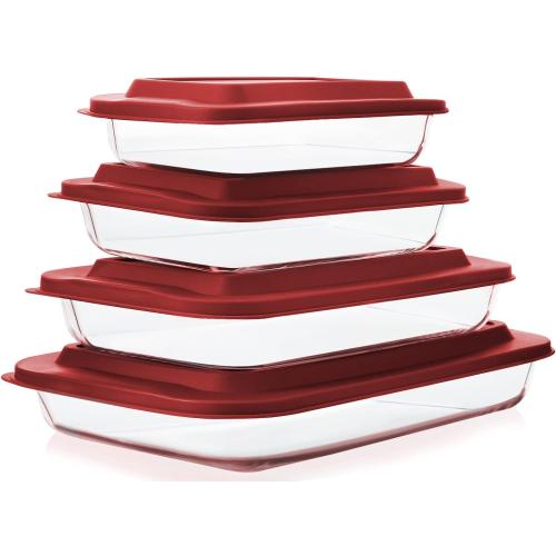 8-Piece Deep Glass Baking Dish Set with Plastic lids,Rectangular Glass Bakeware Set with Lids, Baking Pans for Lasagna, Leftovers, Cooking, Kitchen, Freezer-to-Oven and Dishwasher, Red