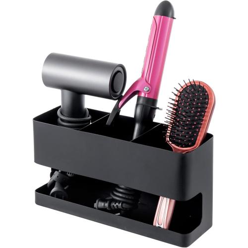 Black 10.7x3.6x5.6  MyGift Hair Tool Organizer, 3-in-1 Metal Hair Dryer Holder, Wall Mounted Blow Dryer Holder, Black Bathroom Organizer for Curling Irons, Hair Straighteners, Hair Brush Holder and Hot Tools