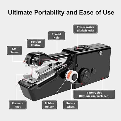 Handheld Sewing Machine, Hand Sewing Machine, Portable and Easy-to-Use, Battery and USB Operated, Ideal for Beginners and Home Use - Black