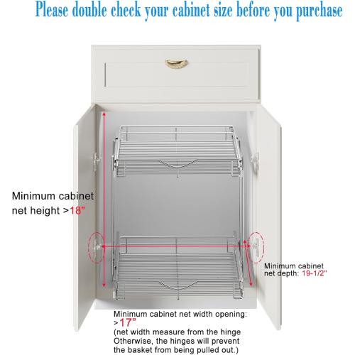 DINDON 2 Tier Pull Out Cabinet Organizer (17 W x 18 D) Heavy-Duty Metal Sliding Drawer Shelf, Two Tier Pull Out Shelves for Kitchen Cabinets, Pantry, Bathroom, Chrome Finish