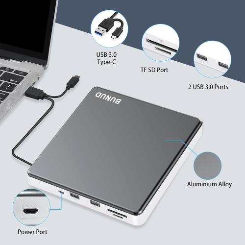 BUNUD External DVD Drive for Mac, Plug & Play Built-in USB/SD/TF Ports Grey