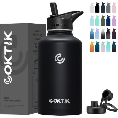 COKTIK 64 oz/Half Gallon Vacuum Insulated Jug, Double Walled Stainless Steel Sports Water Bottle with Reusable 2 Lids for Camping, Gym, Fitness or Office(Black)