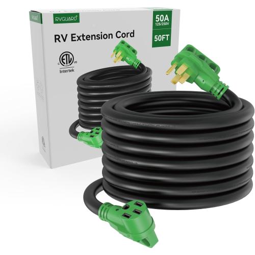 RVGUARD 50 Amp 50 Foot RV/EV Extension Cord, NEMA 14-50P/R Heavy Duty Extension Cord with LED Power Indicator and Cord Organizer, Green, ETL Listed