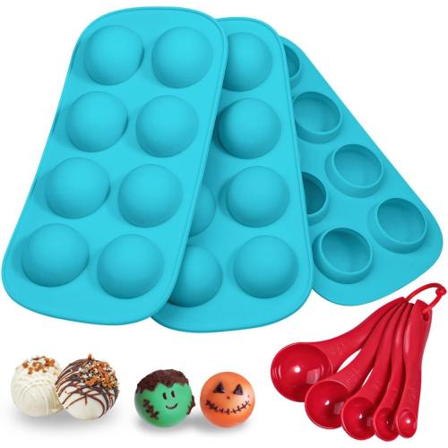 Webake Sphere Ball Chocolate Molds Platinum Silicone, 3 Pack 8-Cavity Round Baking Molds for Halloween Eyeball, Jelly, Cake Pop, Truffle, Mousse, Ice Cube & Pastry Making, Includes Free Filling Scoop