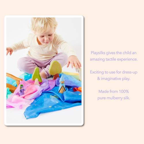Sarah's Silks - Set of 5 Enchanted Mini Playsilks, 100% Silk 21 Square Scarf for Dance, Movement and Pretend Play - Rainbow, Starry Night, Sea, Fire and Blossom Scarves
