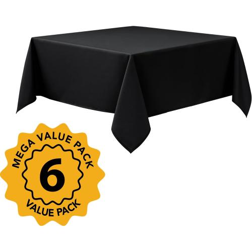 6-Pack Black Tablecloths for Square Tables, 70 x 70 Inches, Stain-Resistant Polyester Fabric for 3 Foot Tables - Washable Table Covers for Weddings, Banquets, Birthday Parties, Events